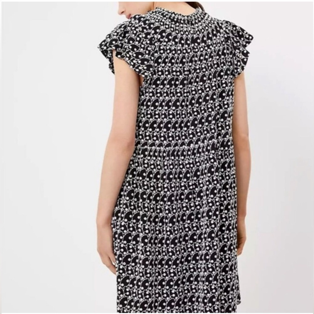 Loft Black White Eyelet Smocked Yoke Cap Sleeve Swing Dress Size SP NEW - Picture 3 of 11